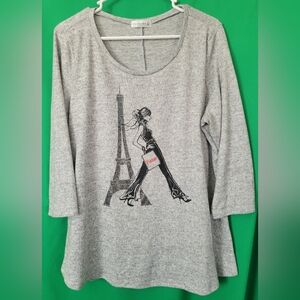 Gray Graphic Paris Women Top 1x Plus Size Stretchy Eifle Tower Metrology Shirt